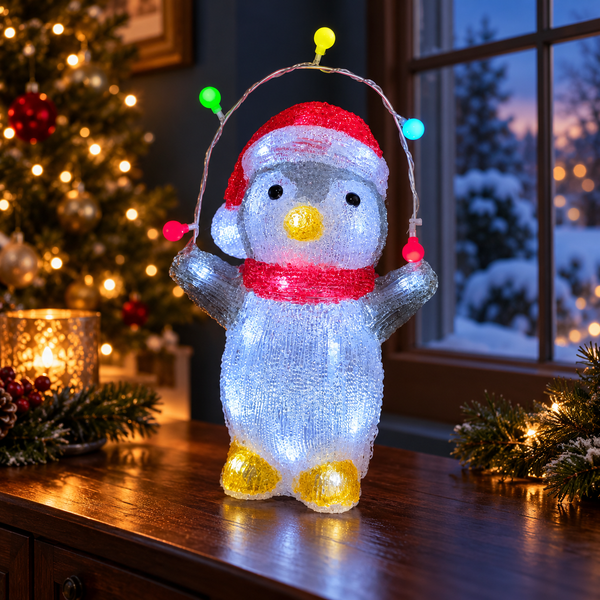 A penguin-shaped LED light decoration wearing a red Santa hat and scarf, standing on a wooden table in a decorated holiday room with a Christmas tree and window in the background.