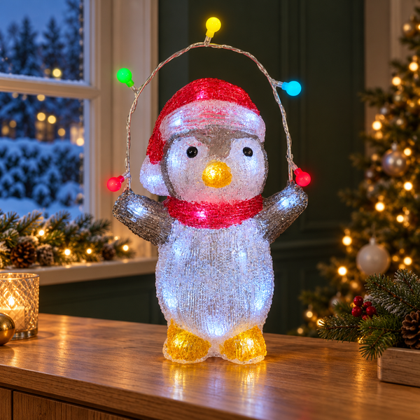 A penguin-shaped holiday light decoration stands on a wooden table indoors, wearing a red Santa hat and scarf with multicolored hanging lights attached above its head. The penguin is illuminated from within, casting a warm white glow, with a decorated Christmas tree, window view, and holiday decor in the background.