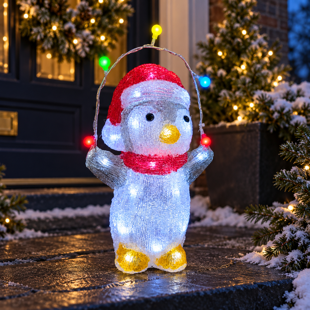 A lighted penguin Christmas decoration standing on a wet stone step in front of a decorated house at night. The penguin is made of glowing white textured material with a red Santa hat, red scarf, yellow beak, and yellow feet, and holds a string of multicolored lights.