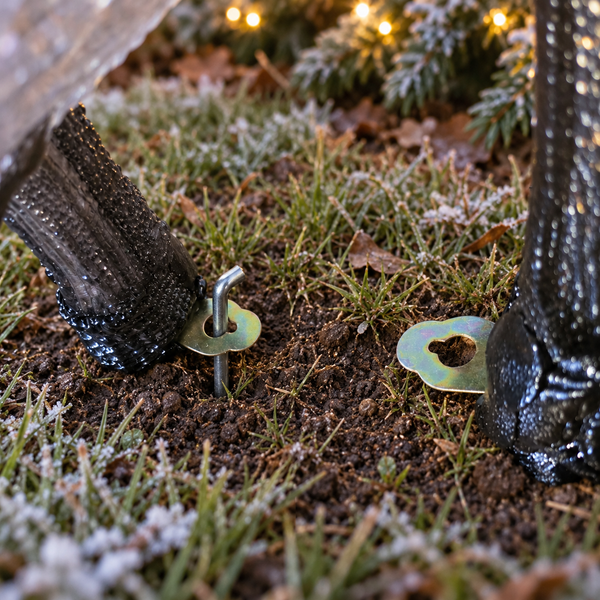 Close-up of a black metal garden stake with a round metal base plate anchored into frost-dusted grass and soil, with another base plate visible nearby and the textured black leg of a garden statue or furniture piece on both sides.