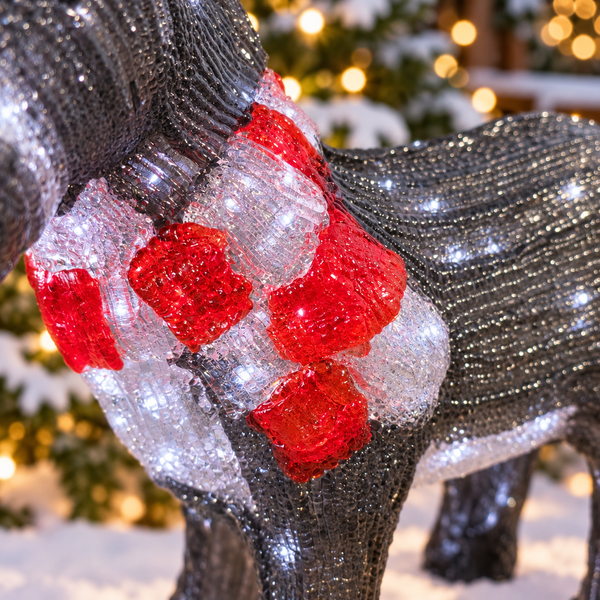 A close-up of a glittery horse-shaped holiday decoration with a red and white checkered blanket, set against a blurred festive background with lights and snow.