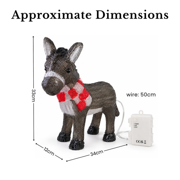 A donkey-shaped decorative figurine with a red and white checkered scarf, shown with dimension lines and labels indicating approximate measurements and a 50cm wire length, on a white background.