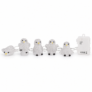 A set of five silver-toned penguin-shaped ring lights with clear glittery stones, arranged in a row on a white background next to a white power control box.