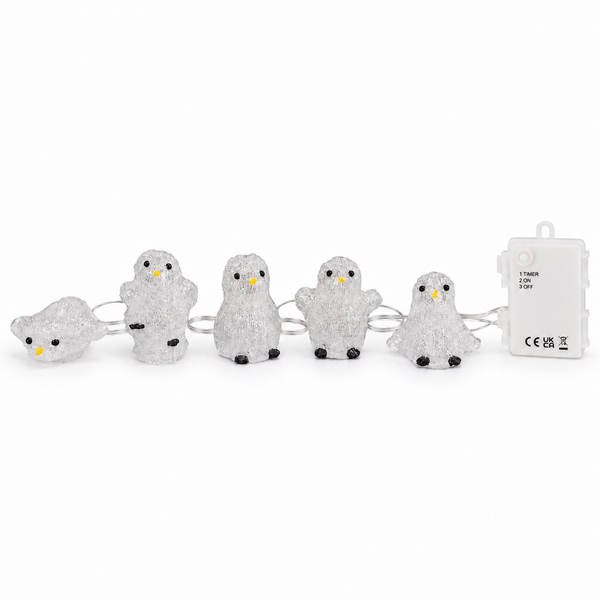 A set of five silver-toned penguin-shaped ring lights with clear glittery stones, arranged in a row on a white background next to a white power control box.
