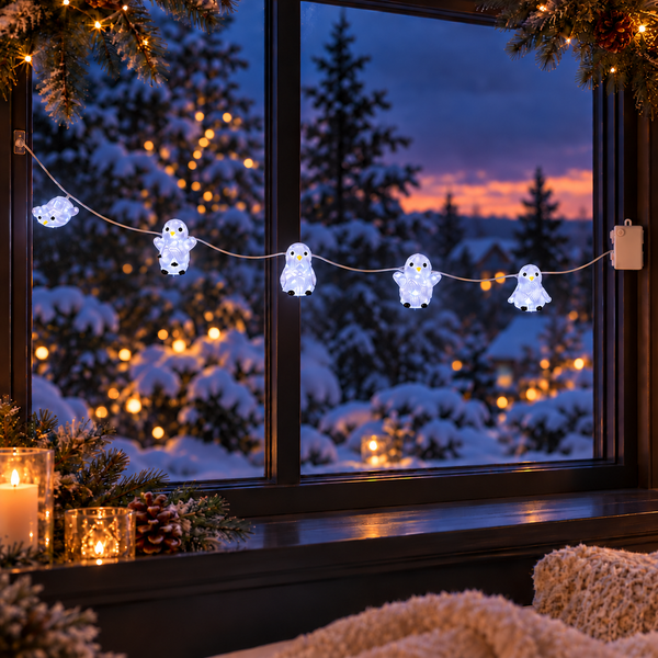 Glowing white penguin-shaped string lights hanging across a window, with a snowy winter forest and warm sunset lights in the background.