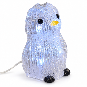 An illuminated penguin-shaped decorative light with a textured, icy white body, glowing blue-white internal lights, black eyes and feet, and a small yellow beak, shown on a white background with a visible power cord.