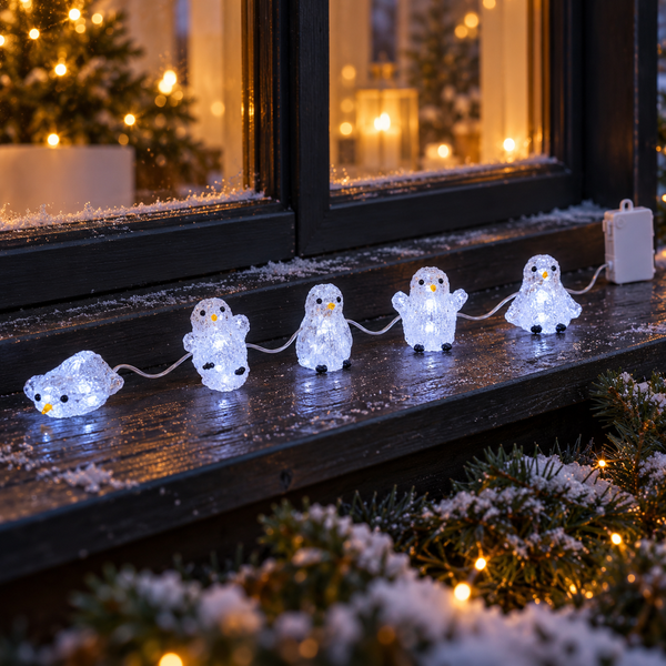 Five glowing penguin-shaped string lights arranged across a dark wooden windowsill, with snowy greenery and warm holiday lights visible in the background.