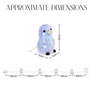 Owl-shaped LED night light with approximate dimensions shown above and along a string set below on a white background. The owl is illuminated with a soft blue glow and has black feet and eyes.