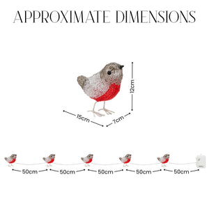 Approximate dimensions diagram showing a small bird-shaped decorative item with a gray, white, and red knit appearance, plus a longer row of the same bird spaced 50 cm apart on a white background.