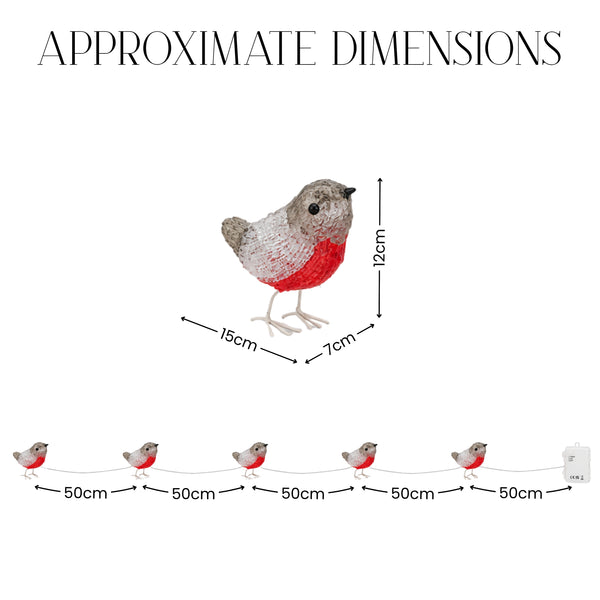 Approximate dimensions diagram showing a small bird-shaped decorative item with a gray, white, and red knit appearance, plus a longer row of the same bird spaced 50 cm apart on a white background.