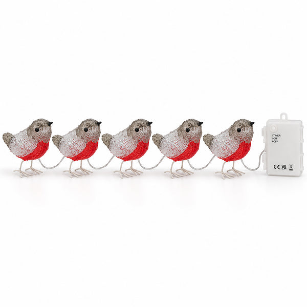 Five small bird-shaped decorative lights connected in a row, each with a gray and white speckled body and a bright red chest, shown on a white background next to a small white power box.