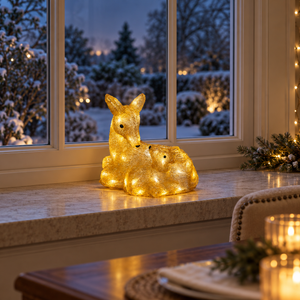 A glittery golden deer figurine with warm white LED fairy lights inside, placed on a marble windowsill with a snowy outdoor view in the background.