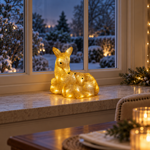 A glittery golden deer figurine with warm white LED fairy lights inside, placed on a marble windowsill with a snowy outdoor view in the background.