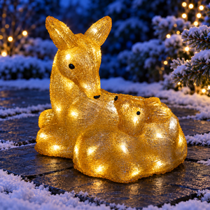 a golden glowing deer and baby deer figurine with warm white LED lights displayed outdoors in a snowy scene