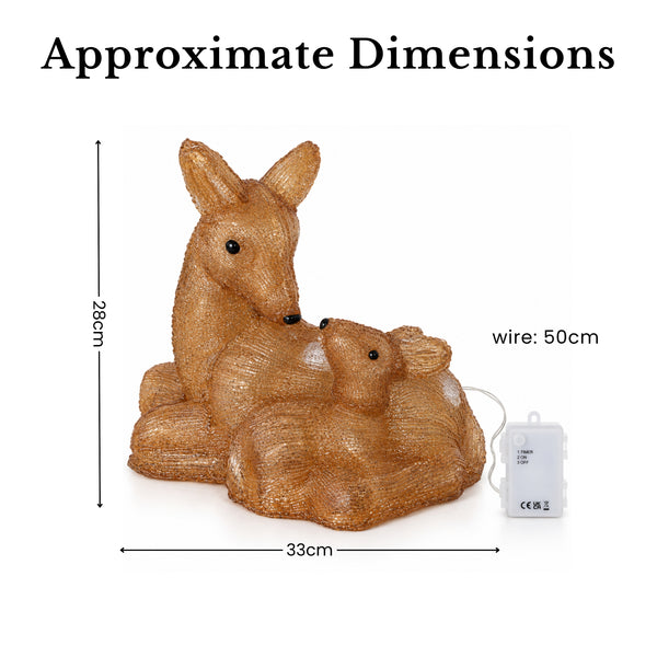 A textured brown deer figurine with a small white power pack and wire, shown with dimension lines and text reading 'Approximate Dimensions' on a white background.