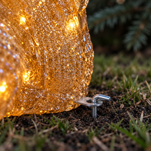A close-up outdoor shot of a glowing amber crackle-glass solar light fixture mounted on a metal ground stake in grass and soil.