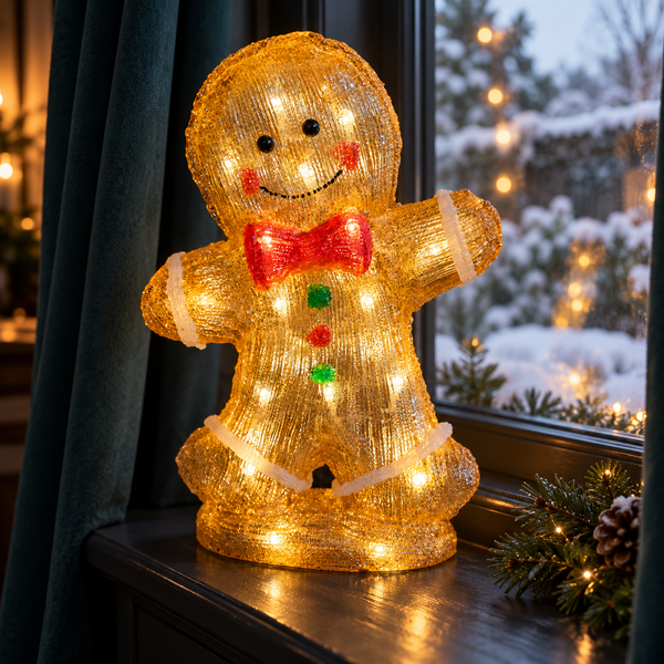 A glowing gingerbread man Christmas light decoration with warm white bulbs, a red bow tie, and small red and green accents, displayed on a windowsill with a snowy outdoor view in the background.