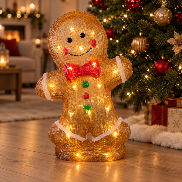 A lit gingerbread man holiday decoration with warm white string lights, a red bow tie, and small red and green accents, standing on a wooden floor in front of a decorated Christmas tree.