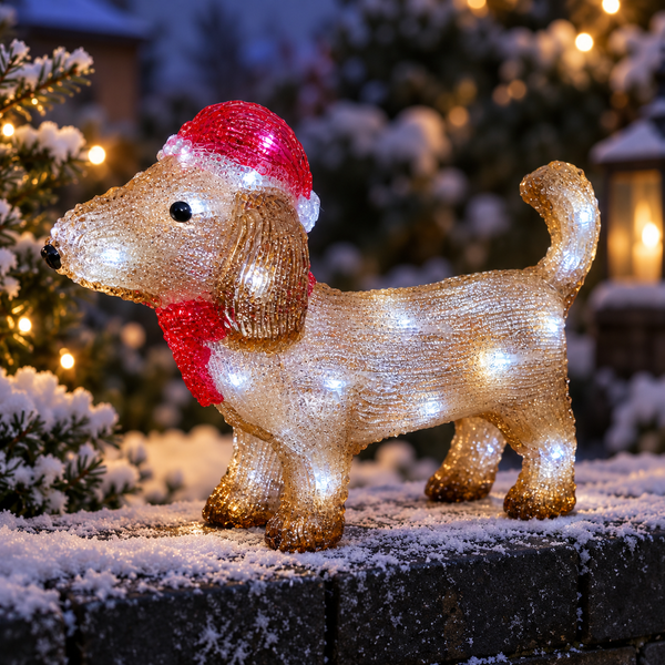 A glittery dachshund Christmas light decoration wearing a red Santa hat and red scarf, standing outdoors on a snowy stone surface with blurred holiday trees in the background.
