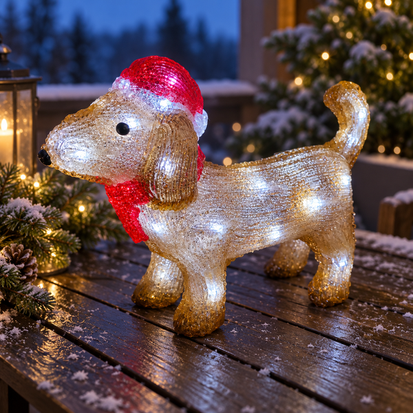 A glittery golden dog-shaped holiday light decoration wearing a red Santa hat and red scarf, standing on a wooden deck outdoors with snowy decorations and warm lights in the background.