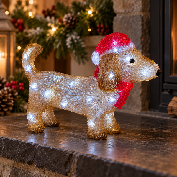 Illuminated acrylic dachshund wearing a red Santa hat and scarf indoors with cool white LEDs and festive lights behind