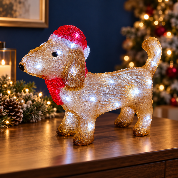 Illuminated acrylic dachshund wearing a red Santa hat and scarf indoors with cool white LEDs and festive lights behind
