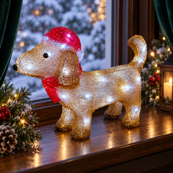 Illuminated acrylic dachshund wearing a red Santa hat and scarf on a windowsill with cool white LEDs and festive lights behind