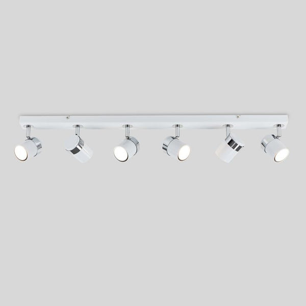 Ceiling-mounted light fixture with six spotlights on a plain background