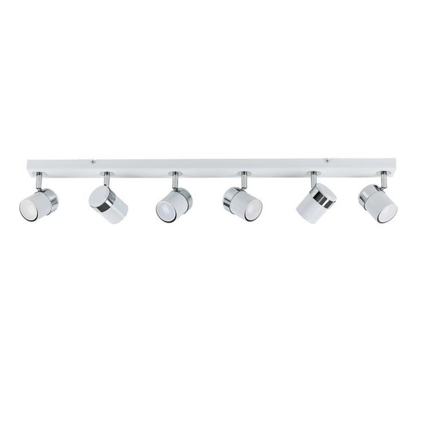 White ceiling light fixture with six spotlights on a white background