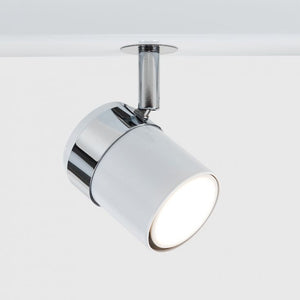 Ceiling light fixture with white shade and chrome finish on a white background