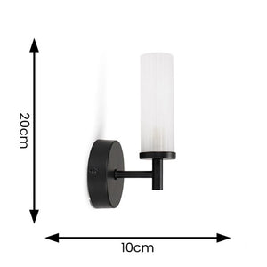 Black wall sconce with dimensions indicated on a white background