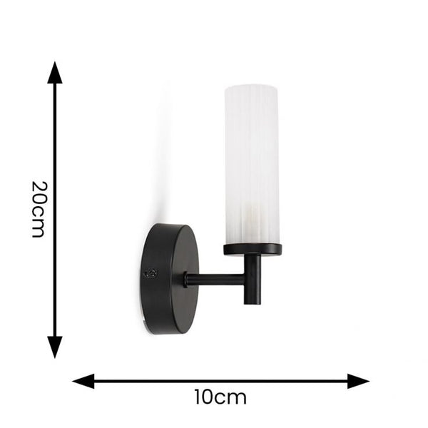 Black wall sconce with dimensions indicated on a white background