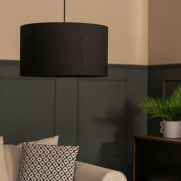 Black pendant lamp hanging in a room with a sofa and plant