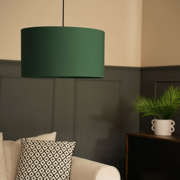 Green pendant lamp hanging in a room with a sofa, pillow, and plant.