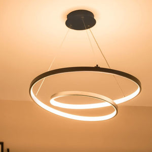 Modern ceiling light fixture with two concentric circular lights on a neutral background