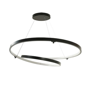Modern black pendant light with two circular shades on a white background