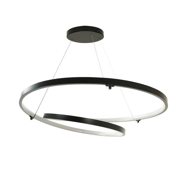 Modern black pendant light with two circular shades on a white background