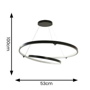 Black circular pendant light with dimensions on a white background