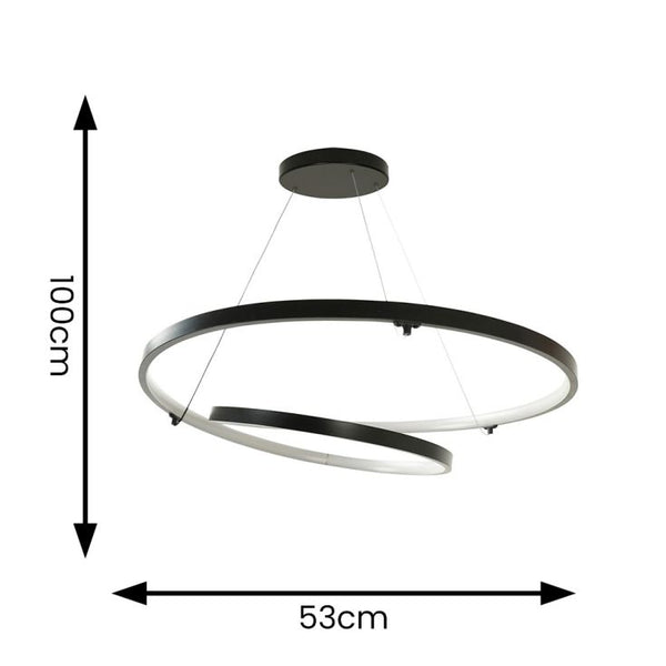 Black circular pendant light with dimensions on a white background