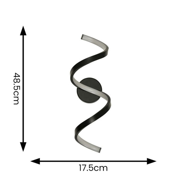 Spiral wall light fixture with dimensions on a white background