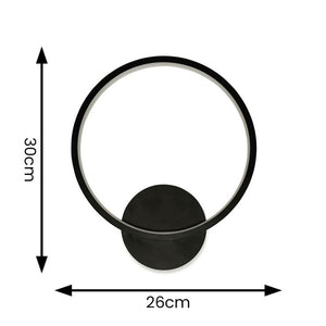 Black circular light fixture with dimensions on a white background
