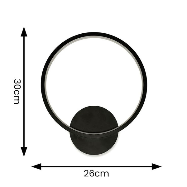 Black circular light fixture with dimensions on a white background