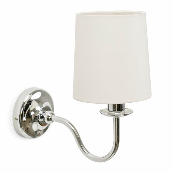 Wall-mounted lamp with a white shade and chrome arm on a white background