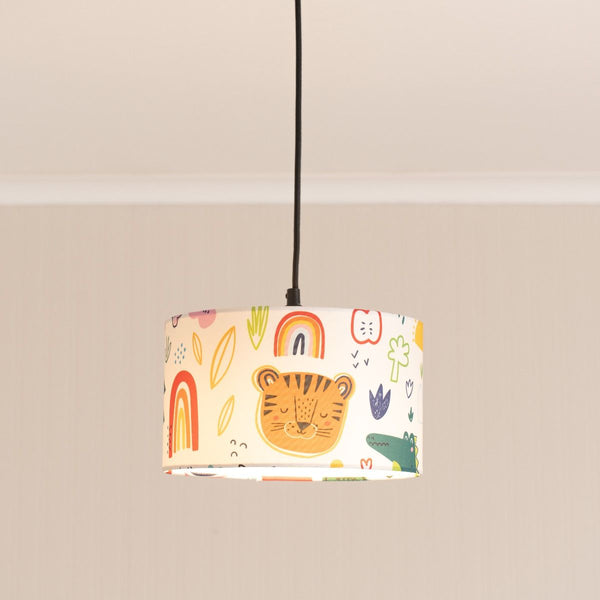 Children's lampshade with a tiger design on a beige ceiling.