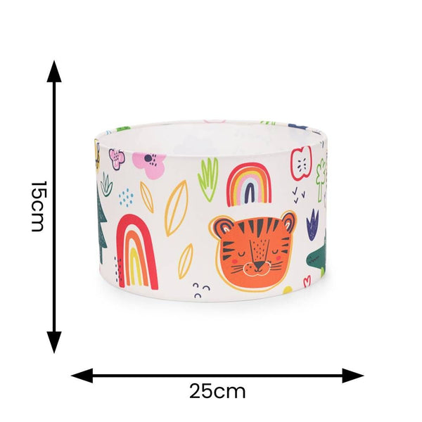 Fabric roll with tiger and rainbow design, shown with dimensions on a white background