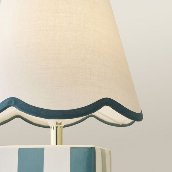 Close-up of a lamp with a beige shade and blue decorative trim on a light background