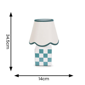 Small lamp with checkered design and scalloped edge, shown with measurements on a white background.