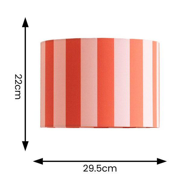 Rectangular lampshade with red and pink vertical stripes and measurements on a white background