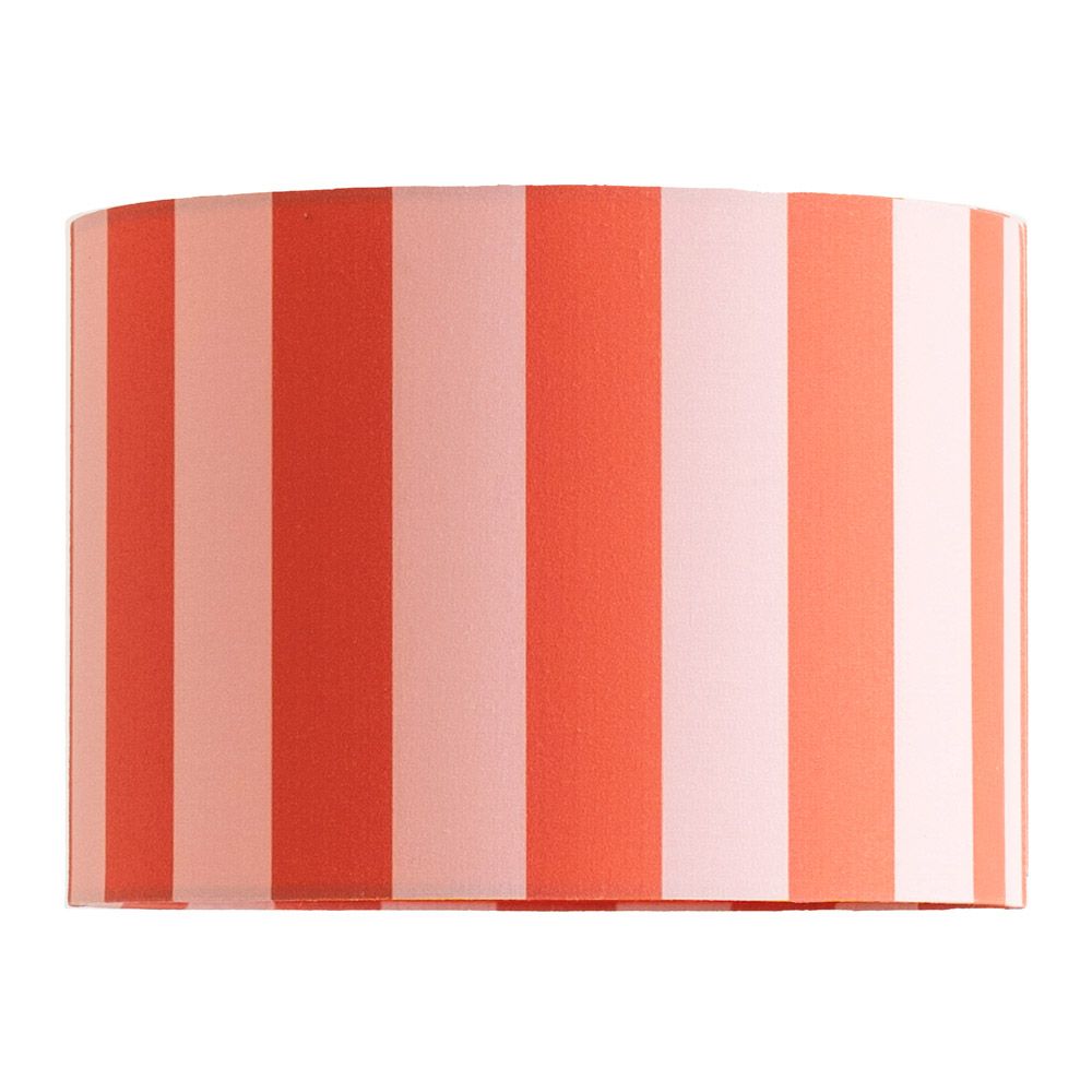 Striped lampshade with red, pink, and white vertical stripes on a beige background