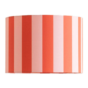 Rectangular lampshade with red, pink, and orange vertical stripes on a white background